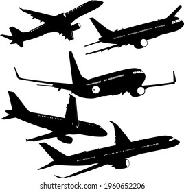 Set silhouette passenger aircraft on a white background.