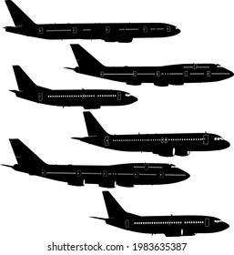 Set silhouette passenger aircraft on a white background
