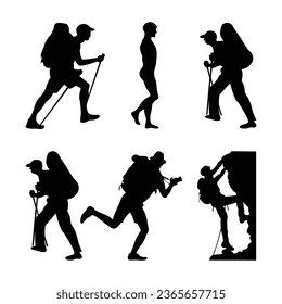 Set of silhouette of people climbing mountains.
