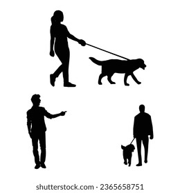 Set of silhouette people and dog.