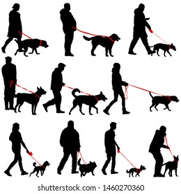 Set silhouette of people and dog on a white background