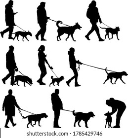 Set silhouette of people and dog on a white background