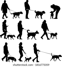 Set silhouette of people and dog on a white background