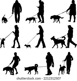 Set silhouette of people and dog on a white background