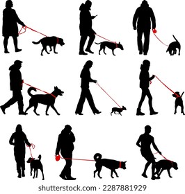 Set silhouette of people and dog on a white background.