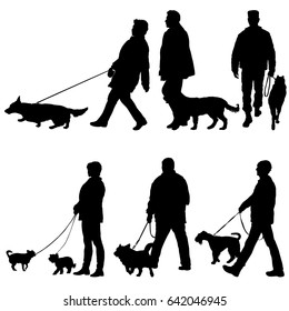 Set silhouette of people and dog on a white background.