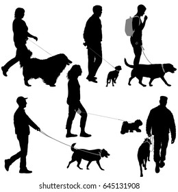 Set silhouette of people and dog on a white background.