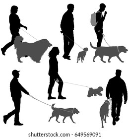 Set silhouette of people and dog on a white background.