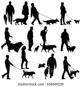 Set silhouette of people and dog on a white background