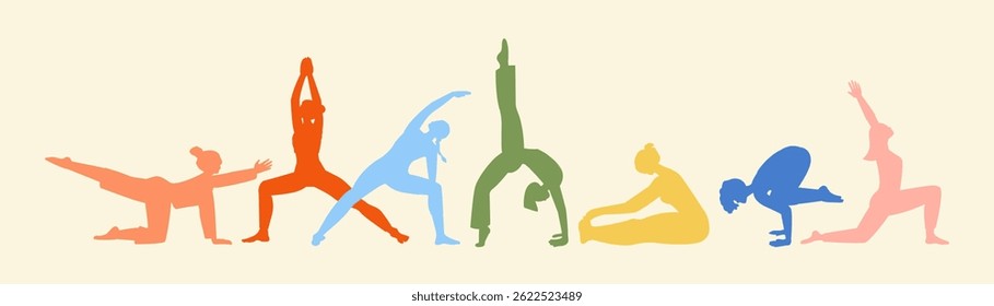 Set with silhouette of people doing yoga asana. Exercises for strength, balance, and mindfulness.The concept of yoga,meditation,sports,healthy lifestyle Illustration for apps banners leafout