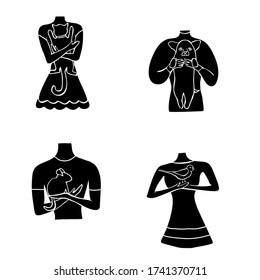 Set of silhouette people with a pet. Women with a dog, cat, parrot and boy with chinchilla. Set of manifestations of love for your pet. Black and white illustration for a veterinarian.