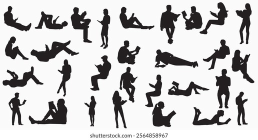 set of silhouette of people reading books standing, sitting and lying vector illustration	
