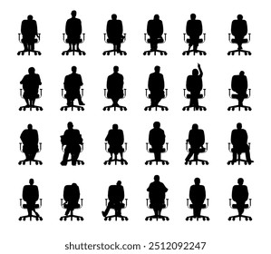 Set with silhouette of people sitting in chairs in different positions isolated on white background. Men, women and children sitting in chairs. Front view. Vector illustration.