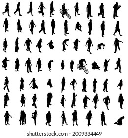 Set with silhouette of people standing in different poses isolated on white background. Vector illustration