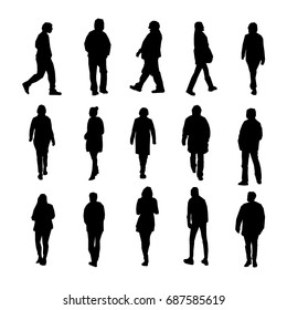 Set of silhouette of people walking and standing.