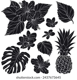 Set of silhouette of Pineapple and blooming hibiscus flowers. Vector illustration with floral tropical theme