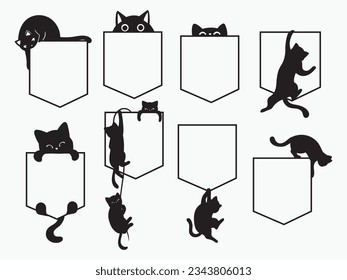 Set of silhouette pocket cat. Collection of playful cats peeking out of a pocket. Design for t-shirt. Kawaii kitties. Funny animals. Vector illustration on white background. svg