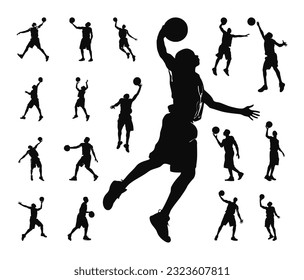 set of silhouette poses of man playing basketball