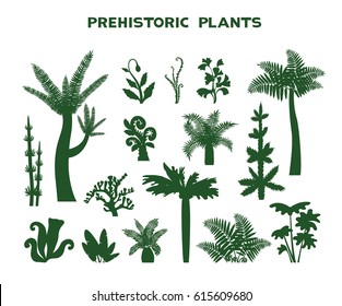 Set with silhouette of prehistoric plants on a white background. Vector illustration. Collection of extinct plants.