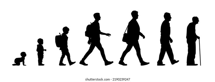 Set of silhouette. Profile walking man of different ages. Black people on white background. Vector illustration