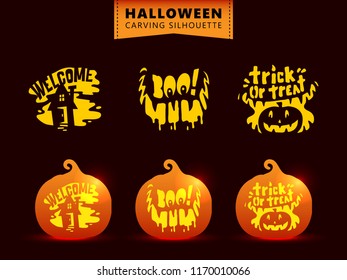 Set of silhouette for pumpkin carving template. Haunted house, scary smile, trick or treat text.