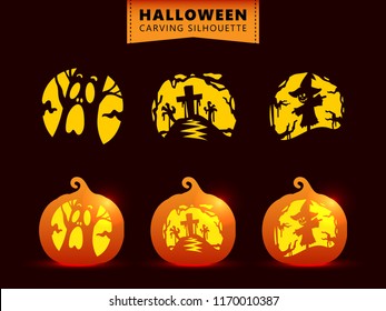 Set of silhouette for pumpkin carving template. spooky tree, graveyard zombie, scarecrow character.