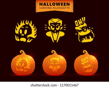 Set of silhouette for pumpkin carving template. burned skull, vampire dracula, kettle witch character.