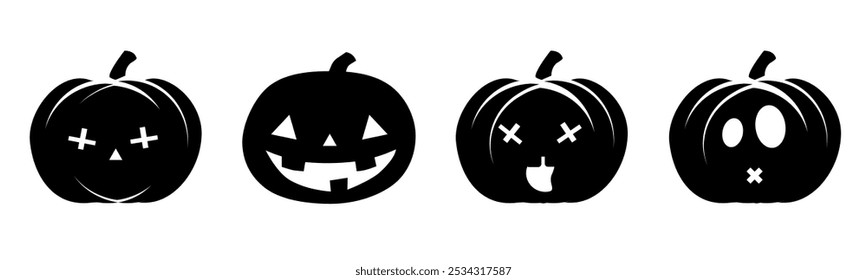 Set silhouette pumpkin on white background. Cute and scary pumpkins for halloween, bundle pumpkin, Halloween graphic elements. Halloween pumpkin faces. Vector illustration.