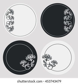 Set of silhouette round frames with floral elements. Design element for  logo, banners, labels, prints, posters, web, presentation, invitations, weddings, greeting cards, albums. Vector clip art.