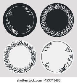 Set of silhouette round frames with floral elements. Design element for  logo, banners, labels, prints, posters, web, presentation, invitations, weddings, greeting cards, albums. Vector clip art.