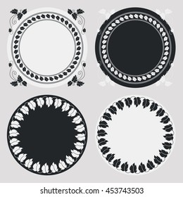 Set of silhouette round frames with floral elements. Design element for  logo, banners, labels, prints, posters, web, presentation, invitations, weddings, greeting cards, albums. Vector clip art.