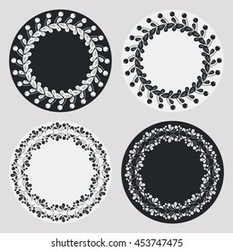 Set of silhouette round frames with floral elements. Design element for  logo, banners, labels, prints, posters, web, presentation, invitations, weddings, greeting cards, albums. Vector clip art.