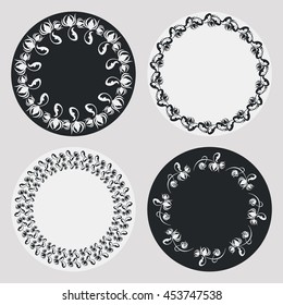 Set of silhouette round frames with floral elements. Design element for  logo, banners, labels, prints, posters, web, presentation, invitations, weddings, greeting cards, albums. Vector clip art.