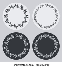 Set of silhouette round frames with floral elements. Design element for logo, banners, labels, prints, posters, web, presentation, invitations, weddings, greeting cards, albums. Vector clip art.