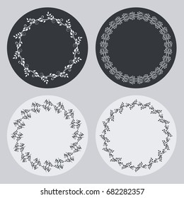 Set of silhouette round frames with floral elements. Design element for logo, banners, labels, prints, posters, web, presentation, invitations, weddings, greeting cards, albums. Vector clip art.