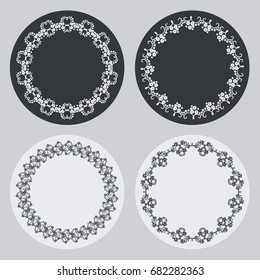 Set of silhouette round frames with floral elements. Design element for logo, banners, labels, prints, posters, web, presentation, invitations, weddings, greeting cards, albums. Vector clip art.