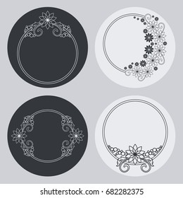 Set of silhouette round frames with floral elements. Design element for logo, banners, labels, prints, posters, web, presentation, invitations, weddings, greeting cards, albums. Vector clip art.