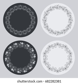 Set of silhouette round frames with floral elements. Design element for logo, banners, labels, prints, posters, web, presentation, invitations, weddings, greeting cards, albums. Vector clip art.