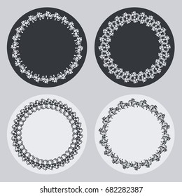 Set of silhouette round frames with floral elements. Design element for logo, banners, labels, prints, posters, web, presentation, invitations, weddings, greeting cards, albums. Vector clip art.