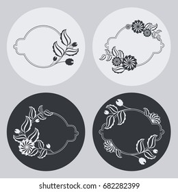 Set of silhouette round frames with floral elements. Design element for logo, banners, labels, prints, posters, web, presentation, invitations, weddings, greeting cards, albums. Vector clip art.