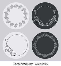 Set of silhouette round frames with floral elements. Design element for logo, banners, labels, prints, posters, web, presentation, invitations, weddings, greeting cards, albums. Vector clip art.