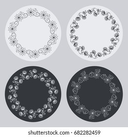 Set of silhouette round frames with floral elements. Design element for logo, banners, labels, prints, posters, web, presentation, invitations, weddings, greeting cards, albums. Vector clip art.