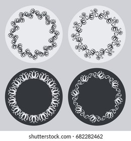 Set of silhouette round frames with floral elements. Design element for logo, banners, labels, prints, posters, web, presentation, invitations, weddings, greeting cards, albums. Vector clip art.