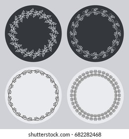 Set of silhouette round frames with floral elements. Design element for logo, banners, labels, prints, posters, web, presentation, invitations, weddings, greeting cards, albums. Vector clip art.