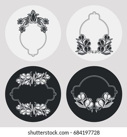 Set of silhouette round frames with floral elements. Design element for logo, banners, labels, prints, posters, web, presentation, invitations, weddings, greeting cards, albums. Vector clip art.