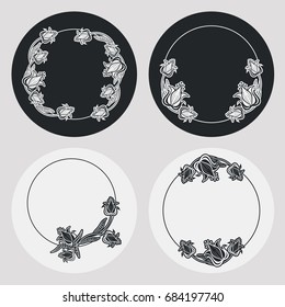 Set of silhouette round frames with floral elements. Design element for logo, banners, labels, prints, posters, web, presentation, invitations, weddings, greeting cards, albums. Vector clip art.