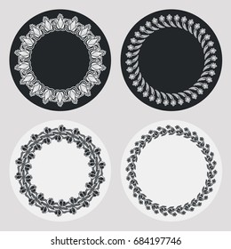 Set of silhouette round frames with floral elements. Design element for logo, banners, labels, prints, posters, web, presentation, invitations, weddings, greeting cards, albums. Vector clip art.