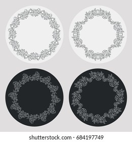 Set of silhouette round frames with floral elements. Design element for logo, banners, labels, prints, posters, web, presentation, invitations, weddings, greeting cards, albums. Vector clip art.