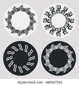 Set of silhouette round frames with floral elements. Design element for logo, banners, labels, prints, posters, web, presentation, invitations, weddings, greeting cards, albums. Vector clip art.
