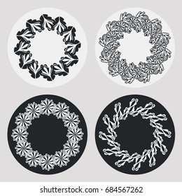 Set of silhouette round frames with floral elements. Design element for logo, banners, labels, prints, posters, web, presentation, invitations, weddings, greeting cards, albums. Vector clip art.